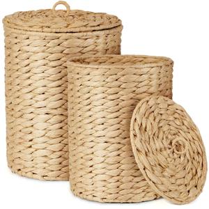 Lounsweer Set of 2 Woven Trash Cans with Lids 4 Gallon and 2 Gallon Natural Wicker Waste Baskets, Handwoven Water Hyacinth Trash Cans with Iron Frame for Boho Farmhouse Bathroom Bedroom Office Kitchen