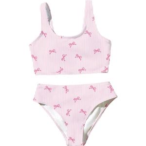 Girl's 2 Piece Striped Bowknot Swimsuit Set Wireless Cute Bathing Suit Summer Beachwear Bikini Sets, (Pink)
