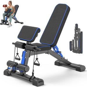 Adjustable Weight Bench  Foldable 800lbs Workout Bench for Full Body Strength Training, Incline/Decline/Flat Bench Press, Sit-Up Bench with Preacher Curl & Leg Extension for Home Gym (Black-Blue)