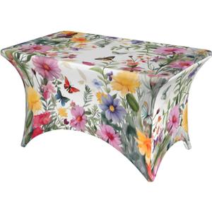 Flowers Butterfly Spandex Tablecloth for Rectangular Tables, Fitted Tablecloth 4FT Stretch Spandex Table Covers for Folding Tables, Wrinkle Resistant Table Protector for Party Weddings BBQ