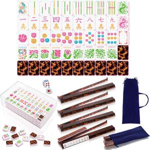 Complete American Mahjong Tile Set with Acrylic Mahjong Case, 160 Tortoise Tiles, 4 All-in-one Tortoise Color Rack Pushers with Drawstring Bag Accessories for Table Entertainment