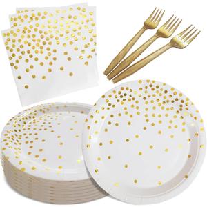 White and Gold Paper Plates Napkins Party Supplies, Disposable Gold Dot Paper Dessert Plates, 105 PCS Birthday Plates and Napkins Party Supplies for Wedding (Serves 35 Guests 7")