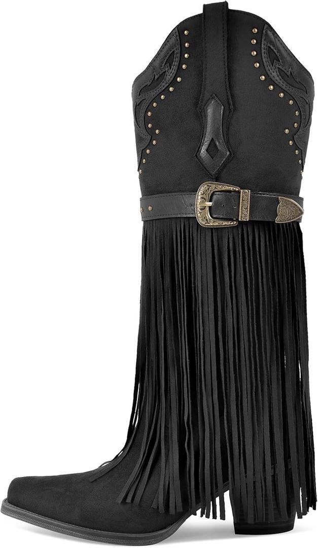 Richealnana Women's Fringe Pointed Toe Block Heel Pull On Metal Buckle Western Cowboy Boots (Black,10)