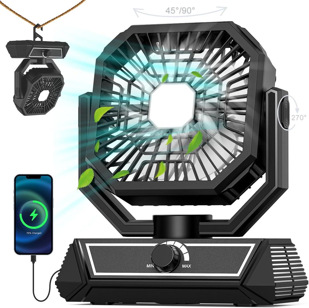 Personal Fan Camping rechargeable, 20000mAh Battery powered fan with LED Lantern, Black