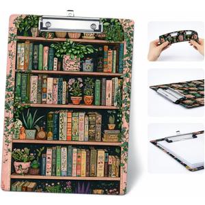 Botanical Bookshelf Clipboard, Decorative Plastic A4 Writing Clipboard (12.6 x 8.9 in) with Sturdy Metal Clip & Hanging Hole, Lightweight Writing Board for Kids, Students, Teachers, Nurses & Office