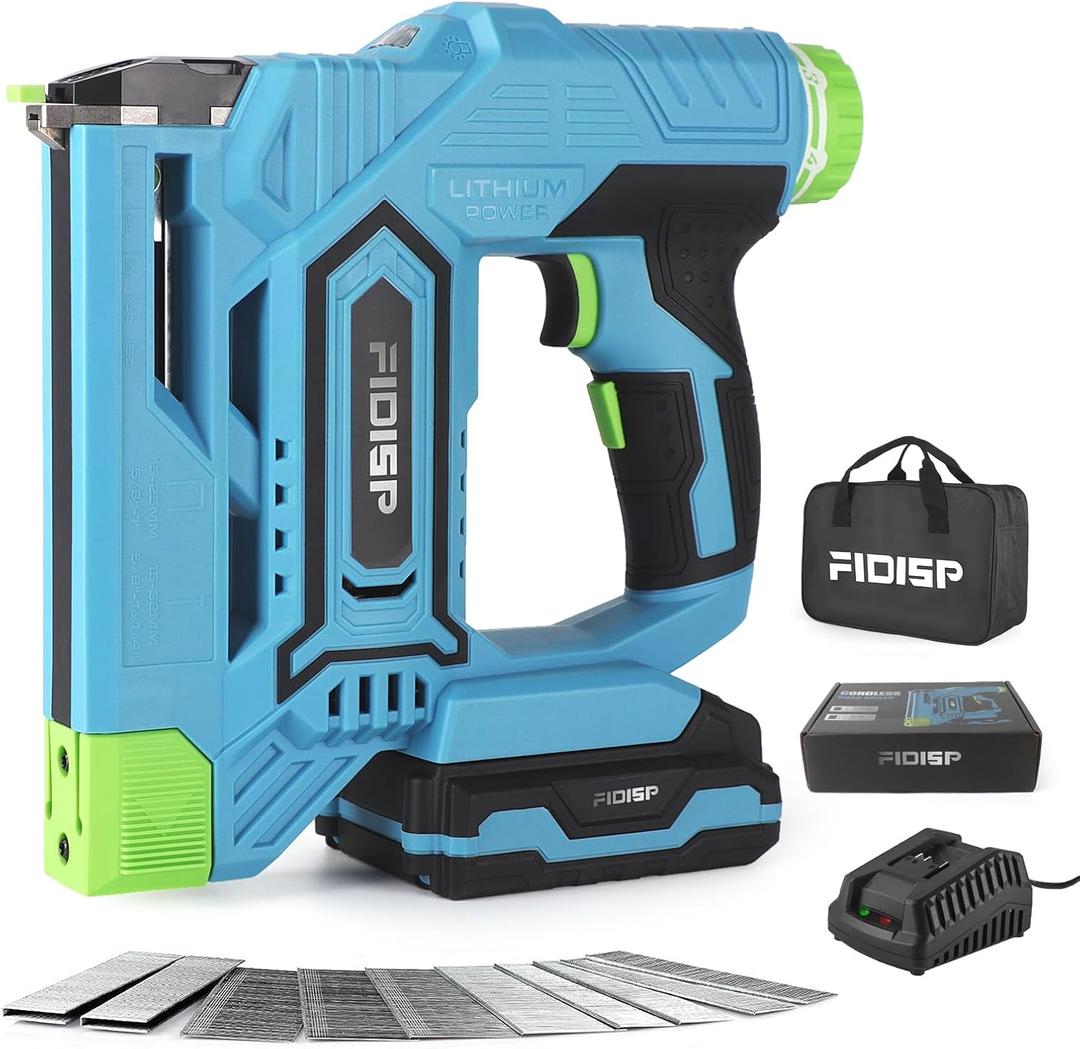 18 Gauge 2 in 1 Cordless Nail Gun/Stapler, 20V Battery Powered Brad Nailer/Stapler with Battery, Charger, Storage Bag, 1000 Staples and Nails for Carpentry & DIY (Blue)