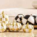 WDS WONDROUS 7PCS Fall Pumpkin Decor Thanksgiving, White and Gold Checkered Pumpkin Decorations for Home, Modern Fake Pumpkins for Farmhouse & Front Porch Decor, Dining Table Centerpiece