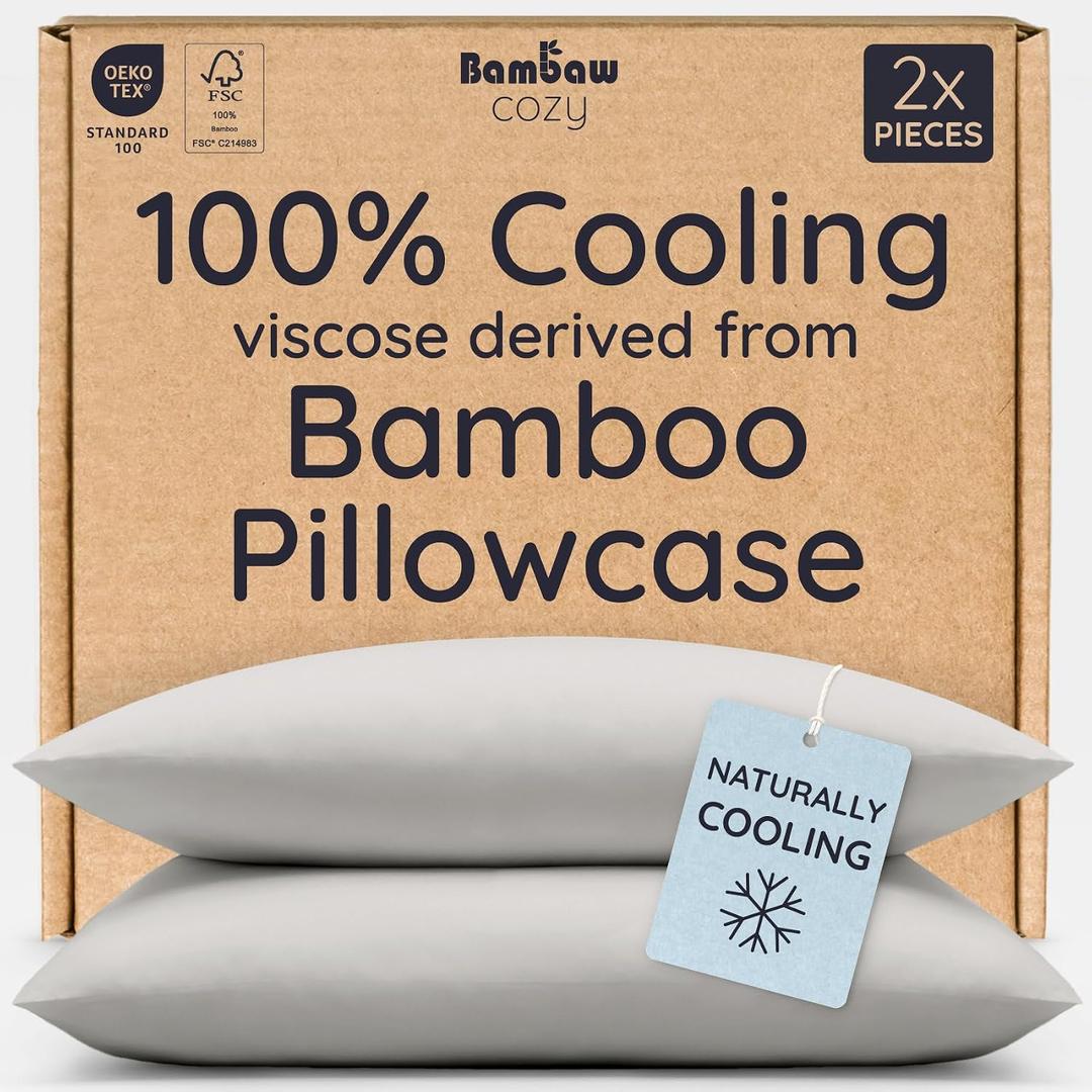 Bambaw 100% Viscose Derived from Bamboo Pillowcases Standard Size Set of 2 Cooling Pillow Cases Standard Size, Super Soft Pillow Cases with Envelope Closure, Anti Acne Pillow Case (Moonlight Gray)