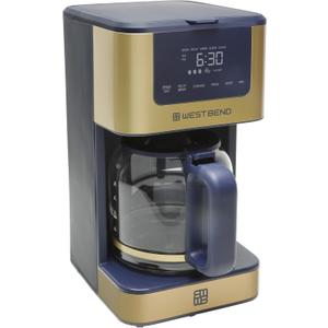 West Bend Timeless 12-Cup Programmable Coffee Maker with Brew Strength Selector for Hot and Iced Coffee, Includes 1-4 Cup Brew Option and Permanent Filter (Blue/Gold)