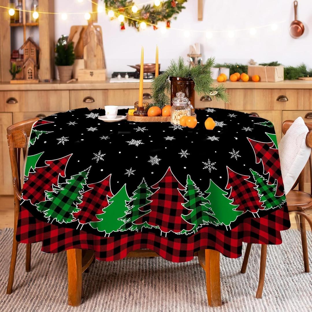 Pinata Round Christmas Tablecloth 60 Inch, Christmas Trees Table Cloth, Black Buffalo Plaid Winter Xmas Tablecloths and Snowflake for Kitchen Dining Decor