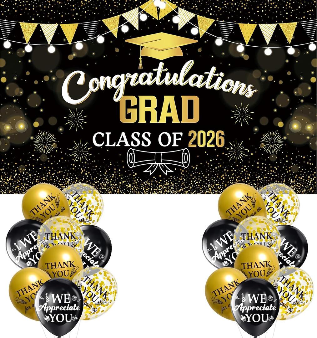 Black and Gold Class of 2026 Graduation Banner, Large Congratulations Graduation Banner Backdrop, Congrats Grad Party Decoration for High School, College, Class of 2026 Celebration Classroom Supplies
