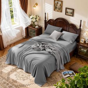 LBRO2M 1000 Thread Count 100% Egyptian Cotton Sheets Set,King Size Bed Sheet 4 Piece Sets,Long Staple,16 Inches Deep Pocket,All Season,Bedding Super Soft Comforterble Breathable,Sateen Weave, Grey, King 16" Depth