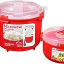 Sistema Microwave Rice Cooker and Steamer Bowl for Vegetables with Steam Release Vent, Dishwasher Safe, Red
