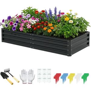 ONCEMORE Raised Garden Bed, Galvanized Steel Raised Garden Bed for Gardening Vegetables Fruit, 20pcs T-Types Tags & 1 Pair of Gloves,8x4x1FT,Black