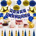 Blue and Gold Party Decorations - 50pcs Birthday Decor for Men Boy Kids with Happy Birthday Banner, Balloons, Hanging Swirls, Pom Poms, Lantern, Garland Party Supplies