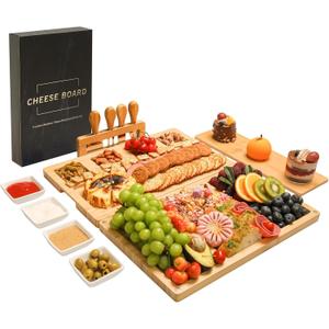 Charcuterie Board Set - Bamboo Cheese Board & Serving Tray with Stainless Steel Knives and Bowls, Housewarming Gifts New Home, Gift for Wedding Couple, Bridal Shower (NLB, 01)