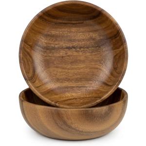 Acacia Wood Salad Bowl Set of 2, 8.6" Natural Solid Wood Serving Bowls, Handcrafted & Hand-Polished, Wooden Salad Bowls for Kitchen & Dining for Pasta, Yogurt, Fruit, Snacks & Gift
