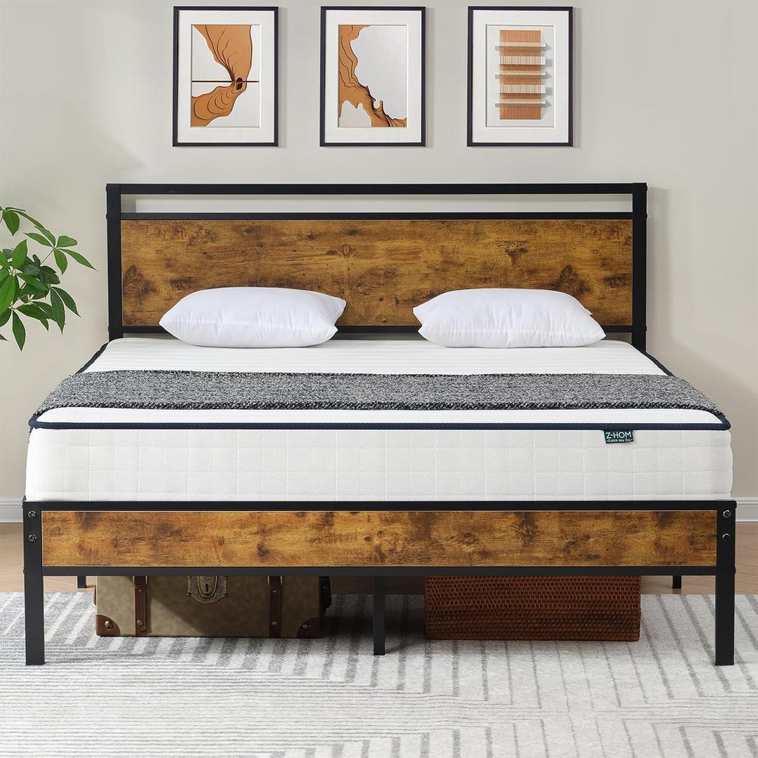 Z-hom Queen Bed Frame with Modern Wood Headboard & Footboard, Upgraded Heavy Duty Metal Sturdy Bed Frame Queen Size, Stable Platform Bed Furniture Bed Storage, No Noise, No Box Springs, Vintage Brown