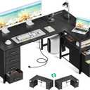 Coleshome L Shaped Computer Desk with 6 Drawers & Power Outlet, 55 Inch Corner Desk with Reversible Storage Shelf & File Drawer, Home Office Desk, Black