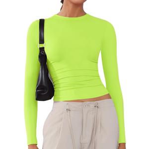 Women's Soft Long Sleeve Shirts Crew Neck Tops Basic Tees Stretchy Going Out Crop Tops Y2K Slim Fit T-Shirts (Neon Green), S