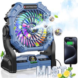 Misting Fan Portable with RGB Lantern, 30000 mAh Rechargeable Camping Mist Fan with Emergency Battery Power Bank Hurricane Supplies, Perfect Cooling Mister for Outdoor Travel, Blue