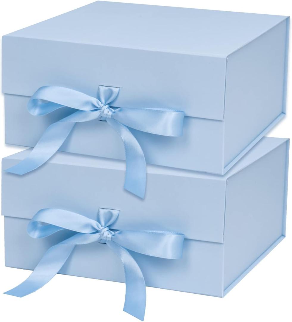 WRAPAHOLIC 2Pcs Blue Gift Box with Satin Ribbon, 8x8x4 Inches Collapsible Gift Box with Magnetic Closure for Party, Wedding, Gift Wrap, Bridesmaid Proposal, Storage (1 Count (Pack of 2))