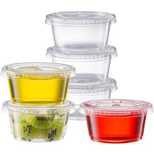 Pantry Value [2 oz. - 100 Count Clear Disposable Plastic Portion Cups with Lids - Small Plastic Condiment Containers for Sauce, Salad Dressings & Portion Control