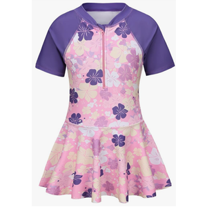 Girls One Piece Swimsuits Hawaiian Skirted Bathing Suit for Kids Girls Summer Swim Dress Short Sleeve Swimwear 15-16 Years