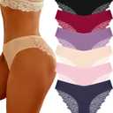 FINETOO 6 Pack Sexy Underwear for Women Silky Seamless No Show Panties Ladies Lace Bikini Lightweight Cheeky Hipster (Small, Black&purple&pink&dark Blue&red&apricot)