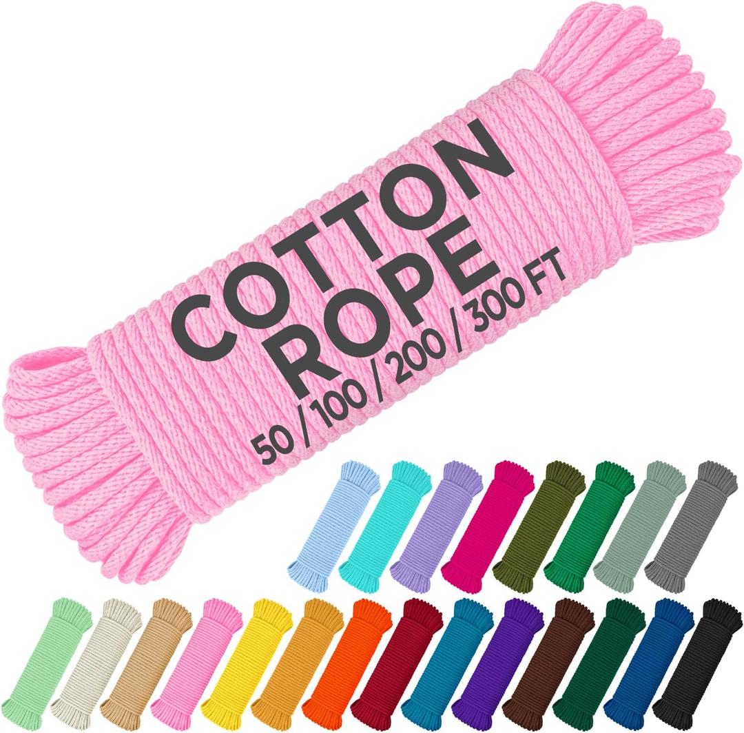 TECEUM Cotton Rope 3/16 (5 mm)  100 FT  Strong All-Purpose Braided Rope  Natural Cotton  for Crafting, amping, Clothes Line, DIY, Indoor & Outdoor Use  Pink