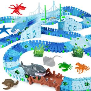 Coroiesty 264 PCS Shark Race Tracks for Kids Toys, Glow in The Dark Magic Toy Set, 2 Shark Cars Track, Flexible DIY Track Set, Birthday Gift for Age 3-9 Boys Toddler Girls