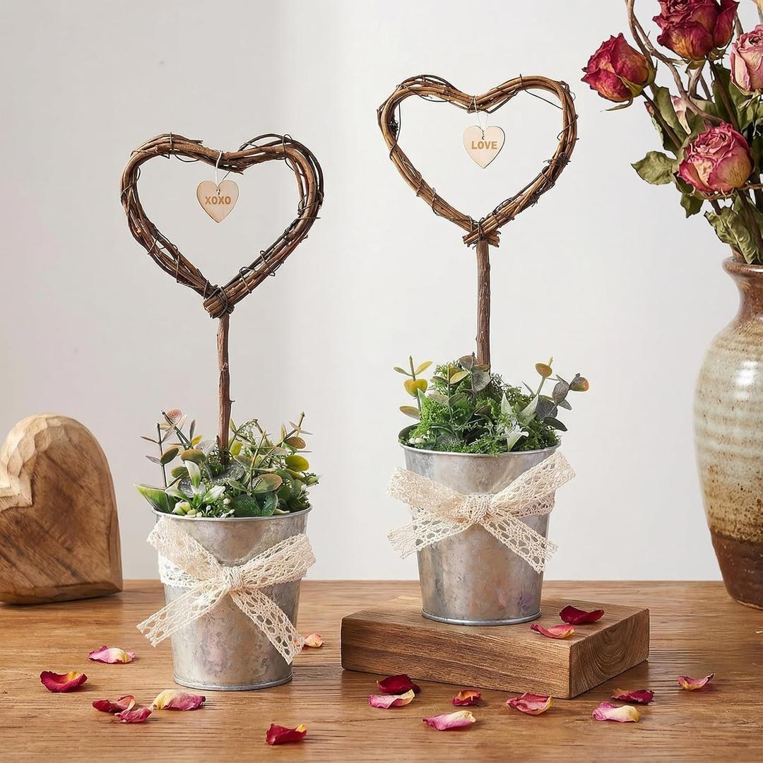 Valentines Day Decor: 2ct Neutral Vintage Rattan Heart Mini Potted Table Decorations, Rustic Heart Shape Love Valentines Day Decor for Desk Tiered Tray Centerpieces Gifts Mantel Home Farmhouse Office