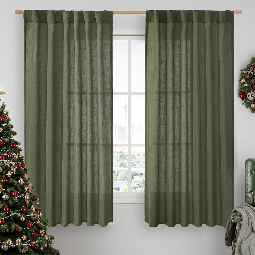 LAMIT Olive Green Linen Curtains 63 Inch for Bedroom, Light Filtering Neutral Semi Sheer Window Curtains Back Tab and Rod Pocket Christmas Panels, 2 Panels, 52 x 63 Inch