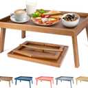 Bamboo Bed Table Tray with Support Bar and Foldable Legs, Breakfast Food Trays Table for Bed Sofa Eating and Laptops, TV Lap Tray Table on Couch (Applied for Invention Patent) (16.9x11.8x8 in, Vintage Brown)