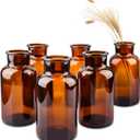 PINIWON Set of 6 Amber Bud Vases, Small Glass Vases, Vintage Medicine Bottles Apothecary Jars with Brush, Flower Vases for Home Decor, Wedding Centerpieces