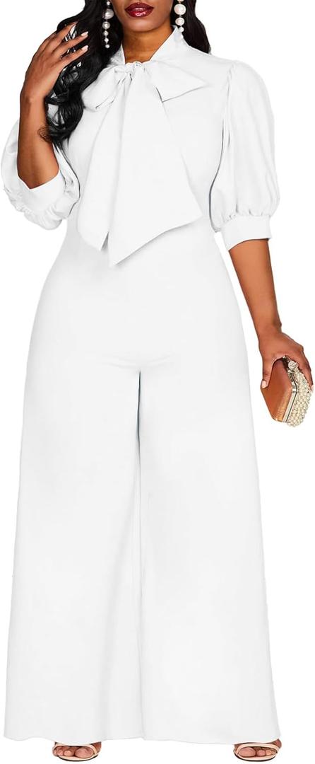 VERWIN Plus Size Jumpsuit for Women Bowknot Full Length Plain Dressy Short Sleeve Romper Wide Leg Overall (3X-Large Plus, White)