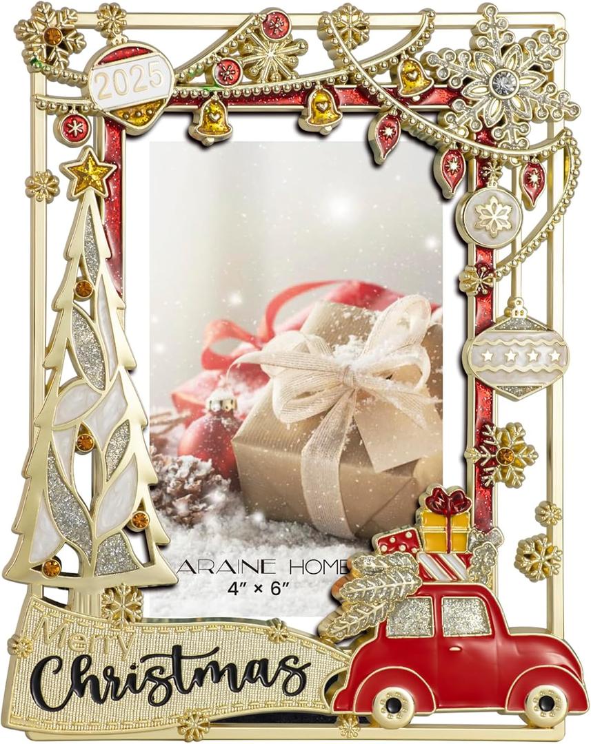 LARAINE Picture Photo Frame 4x6 Metal 2025 Christmas Red Car High Definition Display Pictures for Tabletop Home Decorative Holiday Gift (Gold (2025))