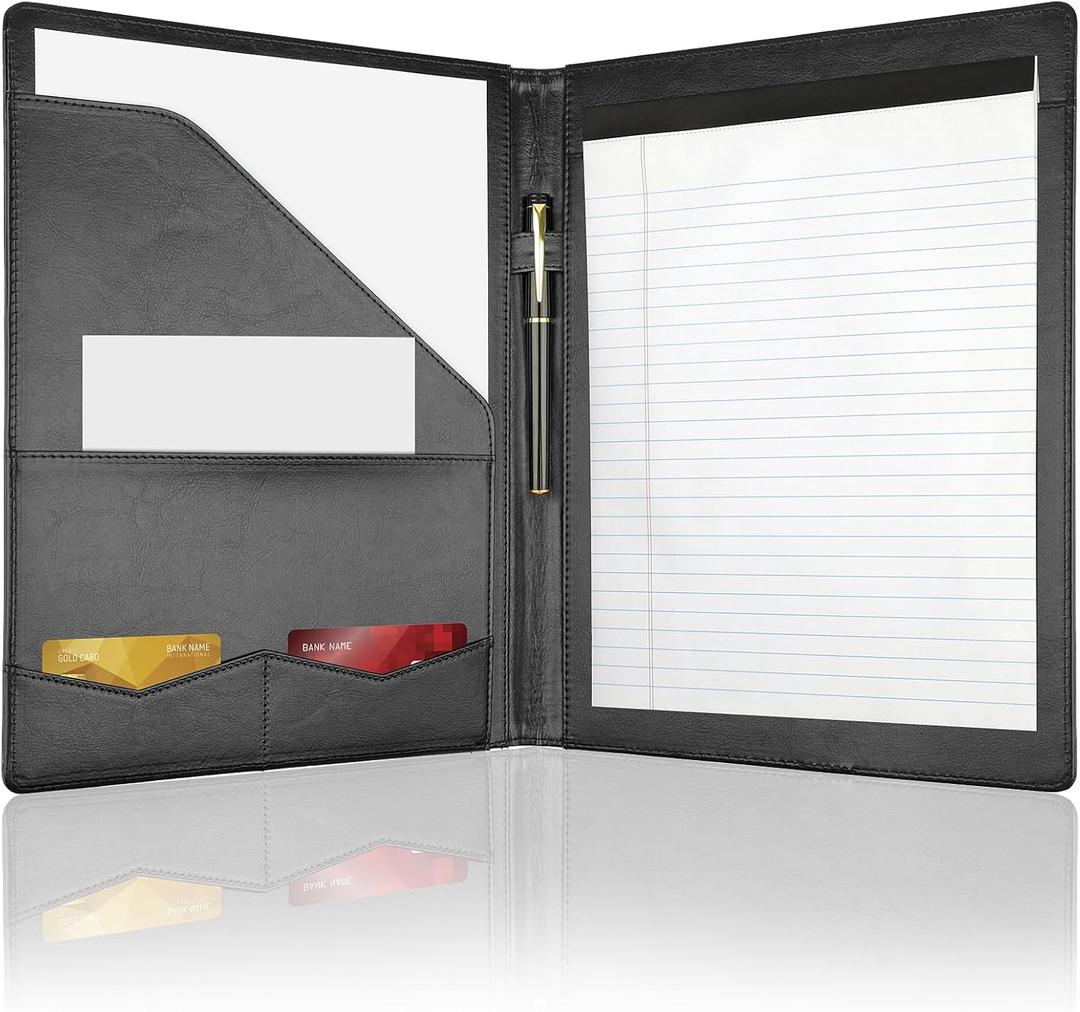 Professional Padfolio Portfolio Binder, Faux Leather Interview Resume Folder, Letter Size A4 Legal Writing Pad Holder, Document Organizer for Business School Office Conference (Black)