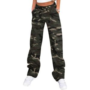 Lepunuo Cargo Pants for Women High Waisted Casual Pants Baggy Stretchy Wide Leg Y2K Streetwear with 6 Pockets (Medium, Camouflage Green)