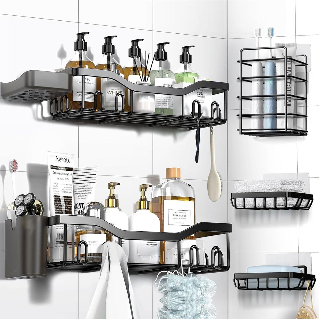 NESOMI Shower Caddy Adhesive Shower Organizer 7-Pack, Rustproof Stainless Steel Bathroom Shelves, Large Capacity No-Drill Rack Storage Accessories with Soap Dish Toothbrush Holder &24 Hooks Home Decor (7-Piece Set, Black)