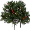 National Tree Company 18 in Pre-Lit Frosted Berry Artificial Christmas Urn Filler, Christmas Decoration with Pinecones, 35 Clear LED Lights, 175 Tips, Timer, Tripod Stake, Green