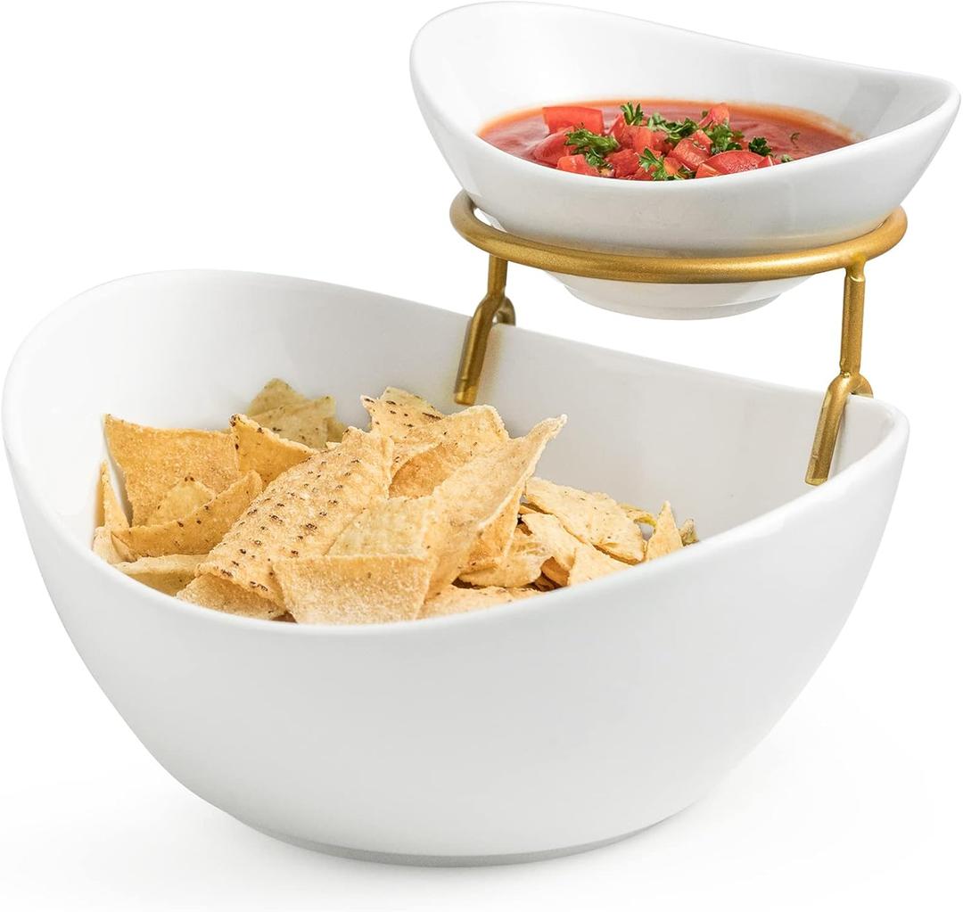 Miamolo Porcelain Serving Bowl Set for Appetizer Serving Dishes Set with 2 Compartment, Chip and Dip Taco Rack Display Salad Bar Serving Set, Gold Stand (2-Tier Set (Large, Medium))