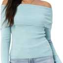 Women's Autumn Sweater, 2026 Casual Long Sleeve Off-The-Shoulder Strapless Knitted Sweater, Pullover Sweater (Blue, L)