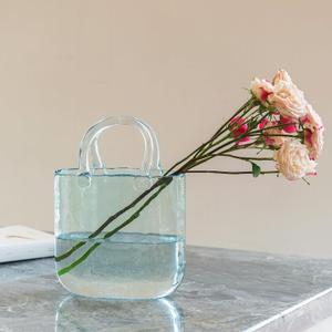 Purse Vase for Flowers, Glass Vase, Fish Bowl with Bubble, Handbag Shape Clear Bottle Body, 10.6" Transparent Bubble Design, Suitable for Birthdays, Holidays, Everyday Decorations, Blue