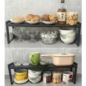 Urhomey plus 2 Pack Expandable Cabinet Shelf Organizer 16-26" L Stackable Kitchen Counter Shelves Rack Stand Sink Riser Countertop Storage Black (Narrow 5.1”D)
