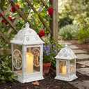 TRIROCKS Set of 2 Farmhouse Candle Lanterns 14.5"&9" H Rustic Metal Decorative Lanterns with Glass, Tabletop Candle Holders for Spring Garden Yard Patio Indoors Outdoors Decor(White with Black Brush)