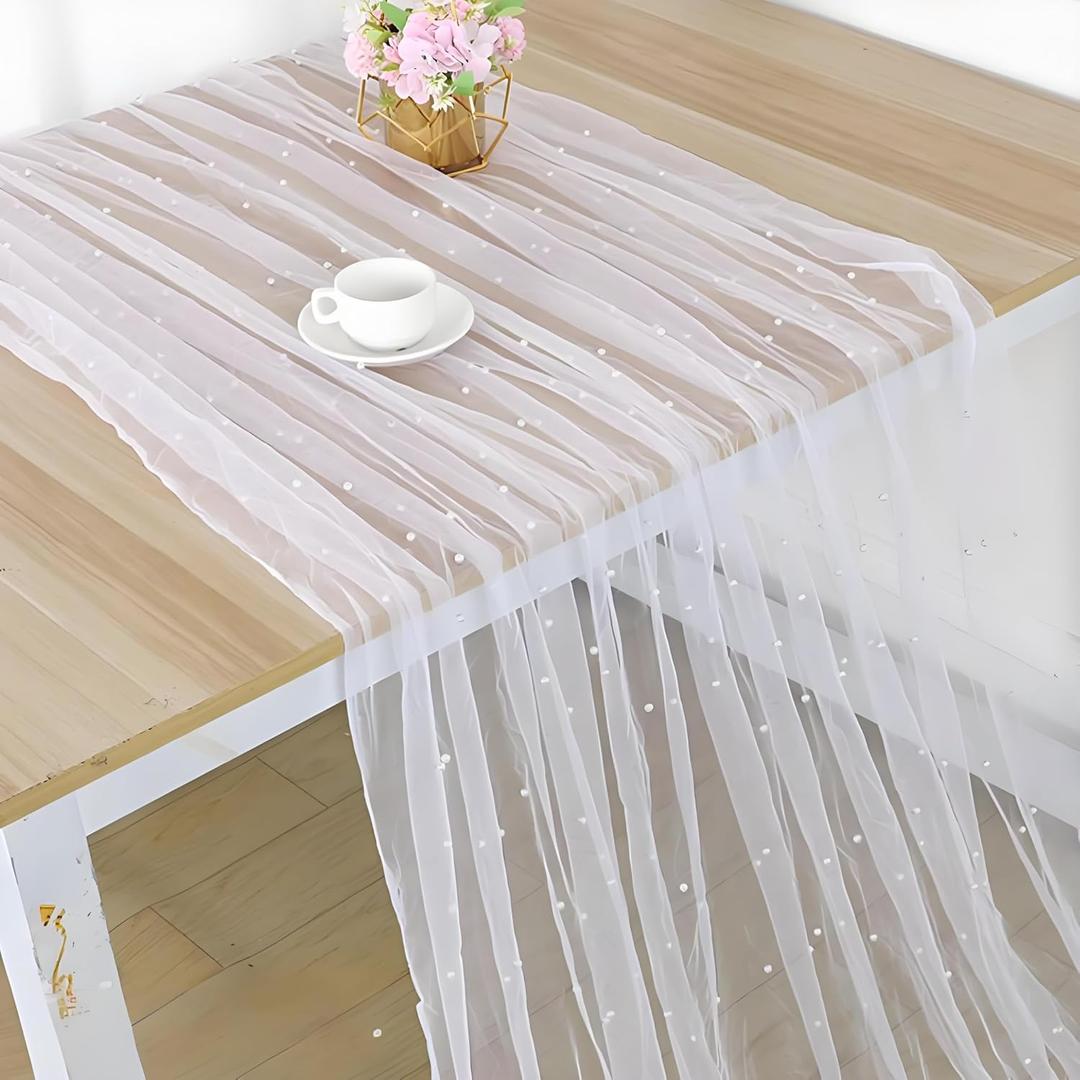 Pearl Table Runner Wedding Table Runner 72x100 cm lace Tulle Fabric Table Runner White Pearl Table Cloth for Birthday Party Bridal Shower Wedding Arch Veil Decorations Wedding Table Cloths