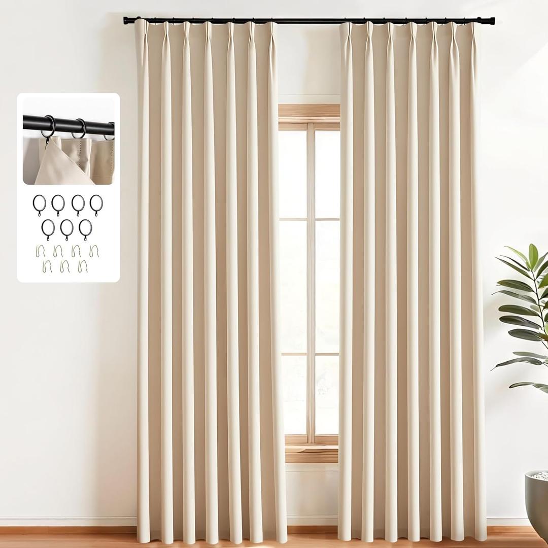 Pinch Pleated Curtains Blackout Two Pages Pinch Pleated Drapes for Bedroom Living Room，Black Liner Thermal Insulated Draperies with Hooks&Curtain Ring W40 x H84 Inch Beige