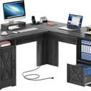YITAHOME L Shaped Desk with Power Outlets, 60 Inch Computer Desk Corner Desk with File Drawer, Home Office Desk with Monitor Stand & Storage Shelves, L-Shaped Desk with File Cabinet, Grey