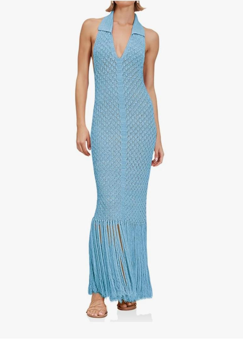 Saodimallsu Womens Halter Crochet Cover Up Fringe Sexy Backless Sleeveless V Neck Collared Vacation Beach Maxi Dress, Medium
